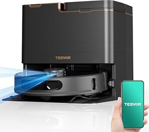 Tesvor Saugroboter X8 mit Wischfunktion+Hebarem Wischmopp 8000 Pa Saugkraft Wischmopp 45° Heißwasser-Moppwäsche Auto-Entleerung/Wasch/und Trocknungsfunktion All-in-One-Dock