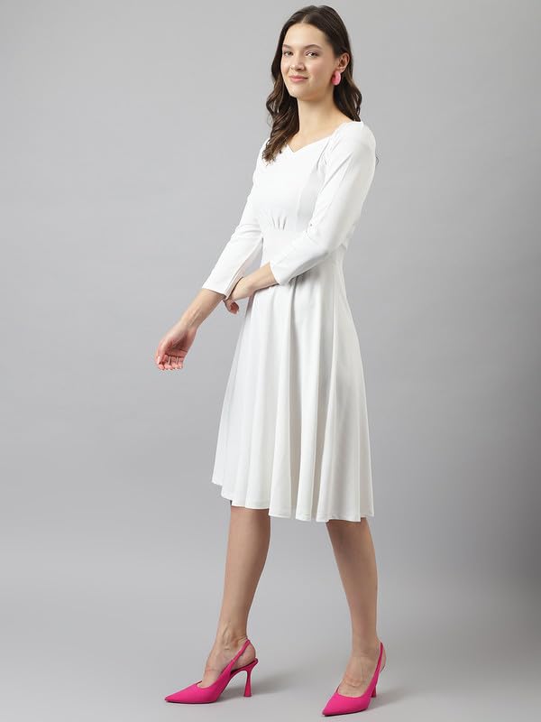 Image of Cicica Women's White Spandex Solid Fit & Flared Heart Neck 3 /4 Sleeve Western Dress | Colour - White