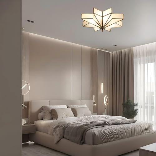 Image of LIGHTLAND 19.7 Inch Flush Mount Star Ceiling Light, 4 Lights Brass Ceiling Lamp with Glass Lampshade, Art Deco Close to Ceiling Light Fixtures for Bedroom Living Room Entryway Hallway, Bronze Color