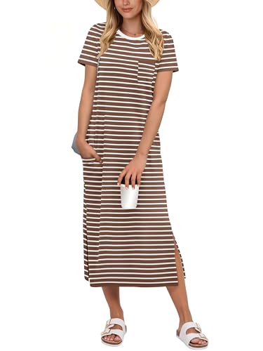 Image of ANRABESS Womens Midi Dress,Summer Long Tshirts Dresses,Short Sleeve Split Stripe,Comfy Travel Beach Vacation Casual Wear