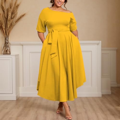 Image of Plus Size Women Wedding Guest Dress Off Shoulder Boat Neck Irregularly Flowy Midi Church Dress