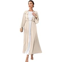 Muslim Abaya Long Sleeve Open Front Rhinestones Kaftan Cardigan Maxi Dress for Women with Belt