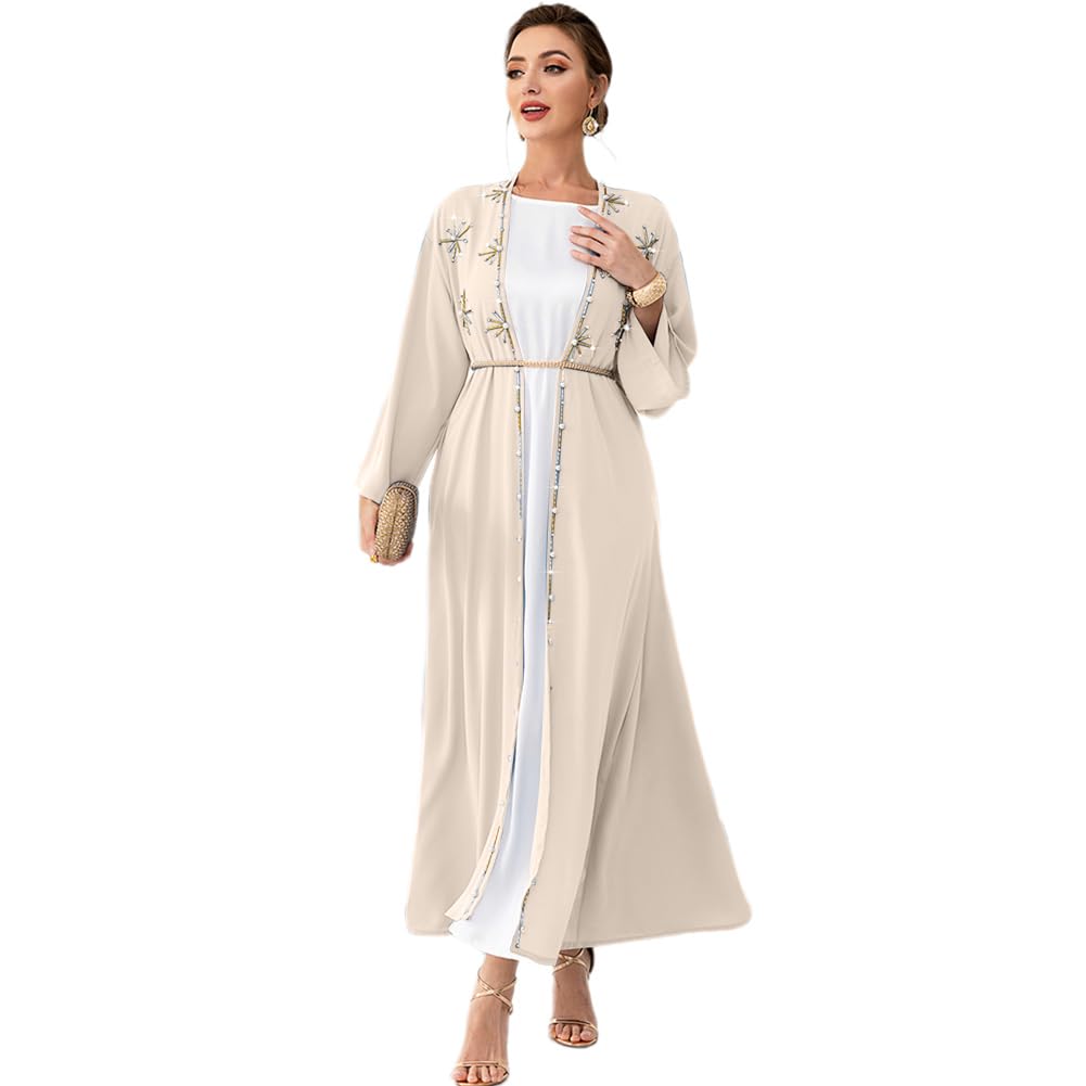 Muslim Abaya Long Sleeve Open Front Rhinestones Kaftan Cardigan Maxi Dress for Women with Belt