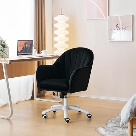 MOJAY Cute Velvet Office Desk Chair for Home Office Computer Chairs Adjustable Task Chairs Modern Vanity Chair 360° Swivel Rolling Bedroom Chair with Arms for Girls (Black) Cover