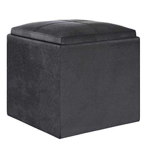 SIMPLIHOME Rockwood 17 inch Wide Square Cube Storage Ottoman with Tray in Distressed Black Faux Leather, Footrest Stool, Coffee Table for the Living Room, Bedroom, and Kids Room, Contemporary