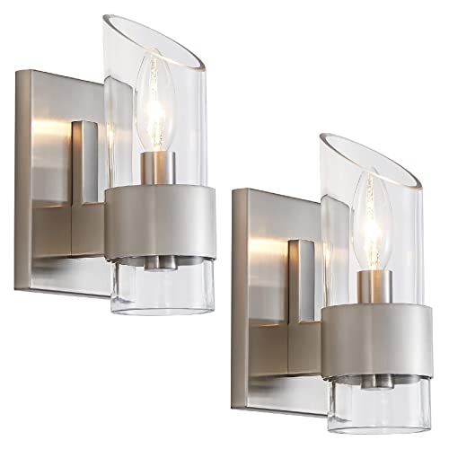 Image of WUZUPS Set of 2 1-Light Bathroom Wall Light Fixture Over Mirror Class Shade Morden Vanity Scones for Bathroom Bedroom Living Room, E12 Base, Brushed Nickel