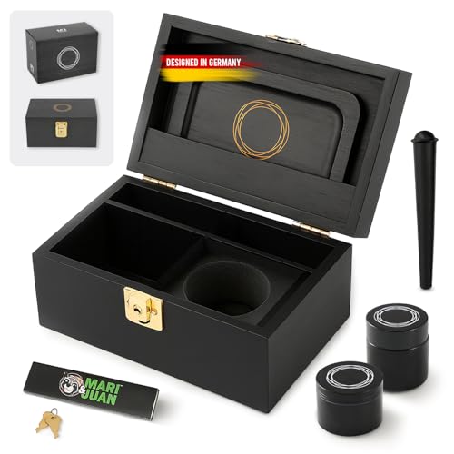 Mari & Juan Grinder Box aus Bambusholz I Geruchsdichte Aufbewahrungsbox mit Grinder Rolltablett Blättchen und Aufbewahrungsglas I Kräuter Zubehör Stash Box kleine Storage Box in schwarz