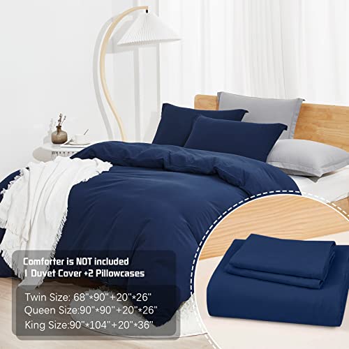 Dreaming Wapiti Duvet Cover Queen,Washed Microfiber Navy Blue Queen Size Duvet Cover Set,Solid Color - Soft and Breathable with Zipper Closure & Corner Ties (Navy Blue, Queen)
