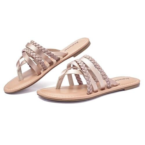 Image of Ataiwee Women's Flat Slide Sandals - Comfortable Open Toe Design,Casual Slip-On with Ankle Strap,Hook-and-Loop Closure Summer Sandals.