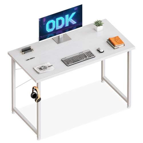 ODK Escritorio De Ordenador, 100x48cm Mesa De Estudio De Ordenador con Gancho para Auriculares Mesa De Escritura De Ordenador para Oficina, Dormitorio, Blanco