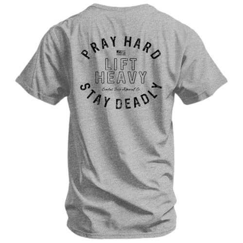 Combat Iron Men's Graphic T-Shirt | Pray Hard Lift Heavy Stay Deadly | Athletic Fit, Tagless Comfort | Gray, Large