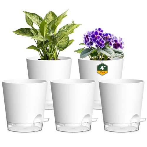 Homeuouz 5er Set Selbstbewässerungstopf 10cm – Kleine Blumentöpfe & Übertöpfe mit Untersetzer in Matt für Zimmerpflanzen & Küche, Perfekt als Kräutertopf,Weiß-Klar