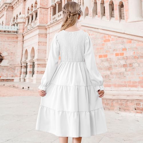 Neutocd Girls Dresses Long Sleeve Crewneck Tiered A Line Midi Smocked Ruffle Flowy Fall Winter Dresses for Girls4