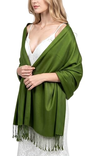 Achillea Soft Silky Pashmina Scarf for Women – Shawl Wrap for Evening Dresses, Bridesmaids, Weddings & Everyday Wear (Olive Green)
