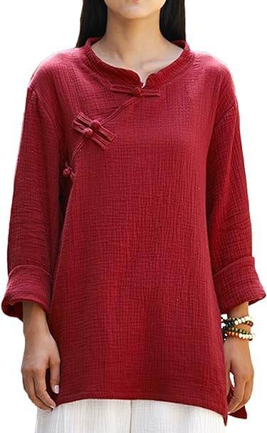 GenericWomen's T-Shirt Chinese Style Linen Top Blouses with Split Sides, 30