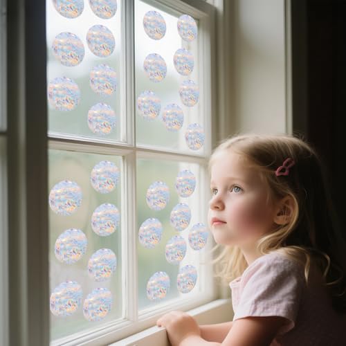 Image of 90 Pcs Circle Window Decals to Prevent Bird Strikes - Anti-Collision Window Stickers for Birds, Rainbow Vinyl Suncatcher Stickers, Reusable Static Clings for Bird Window Deterrent, No Glue Needed