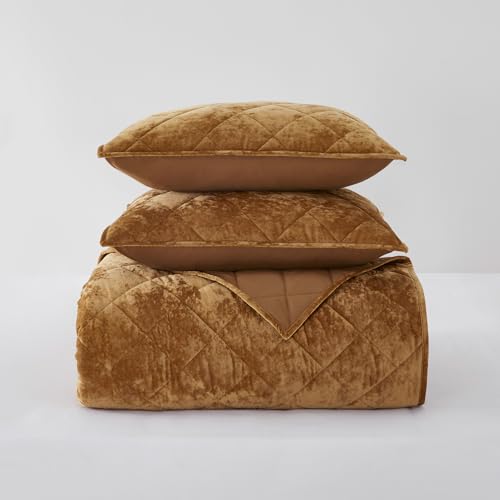 Image of Wonderful Luxury Velvet Caramel Quilt Set King, Diamond Stitch Pattern Bedding,Lightweight Ultra-Soft Skin-Friendly,All-Season,Versatile as Comforter /Bedspread for Adults Teens Kids Bedroom,106 inchx94 inch