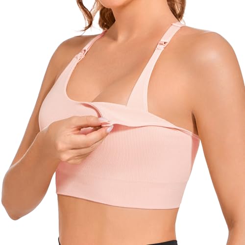 Image of HBselect Nursing Bras for Breastfeeding, Medium-Impact Nursing Sports Bra Support Maternity Bras Pregnancy Wireless Bra Pink