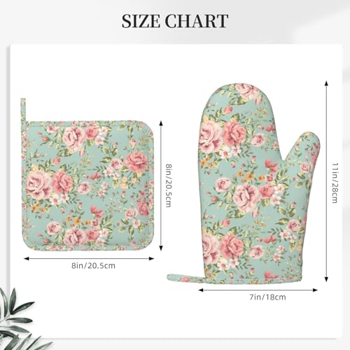 Dycbness DYCBNESS-11.9-4 Pink Flower Oven Mitts Pot Holders Set Silicone Vintage Spring Romantic Bloom Floral And Leaf Green Kitchen Oven Mitts Heat Resistant Potholders Non-Slip 4Pcs Hot Pads And Oven Gloves Sets thumb #2
