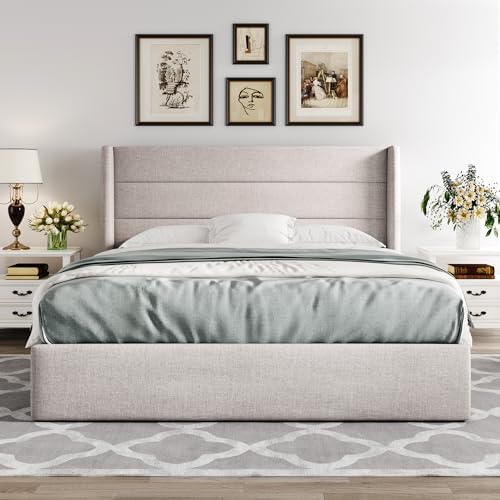Allewie Queen Size Lift Up Hydraulic Storage Bed Frame Light Beige — view 6