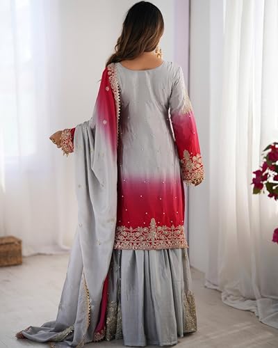 Image of Pandadi Saree Women's Chinon Silk Embroidery Kurta Sharara Set With Dupatta.