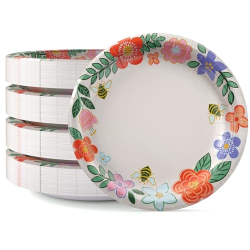 Party Solids Floral Paper Plates Disposable 8.5" Party Plates 96 Pcs