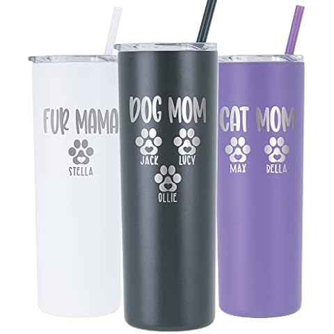 AVITO Personalized Dog Mom Tumbler - 20 oz Tumbler with Lid and Straw - Laser engraved - Stainless Steel - Vacuum Insulated - Cat Mom Gifts for Women - Fur Mama Gifts Cover