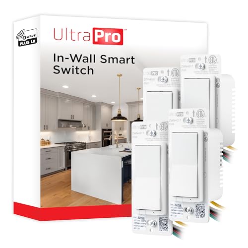 UltraPro Z-Wave Plus Long Range in-Wall Smart Light Switch for Smart Home Automation, 4 Pack, Plastic Yoke, Flying Leads, Single-Pole/3-Way, Hub Required, 76605