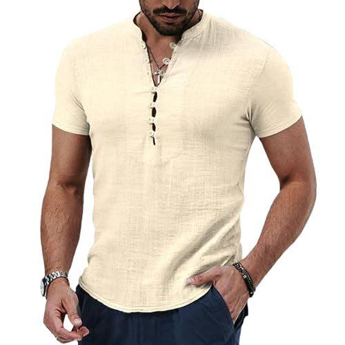 T-shirt homme col Henley en coton et lin de style rétro premium