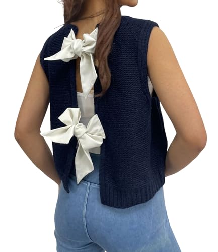 Image of chouyatou Women's Y2K Backless Crop Sweater Vest Back Tie Knot Crewneck Sleeveless Knit Vest Tank Tops