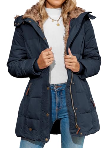 Remikstyt Womens Down Coats Winter Zipper Hooded Faux Fur Inside Parka Down Jackets (XX-Large,Navy Blue)