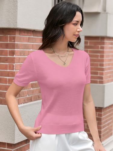 Image of DAIMIDY Women's Short Sleeve Sweater V Neck Summer Knit Tops | Business Casual Tops| Soft,Lightweight,Breathable and Comfortable| Perfect for Shopping,Date,Vacation,Daily Wear Etc.