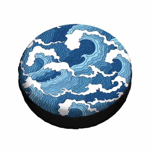 Image of Blue and White Wave Spare Tire Cover 15 inch Wheel Japanese Abstract Protectors Weatherproof Universal for Trailer Tire Cover Rv SUV Truck Camper Travel Trailer