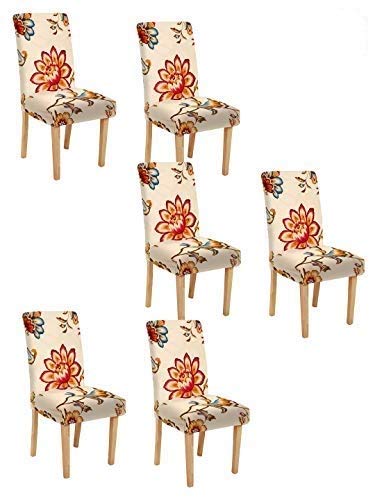 Image of Cortina Dining Chair Slipcovers | Protection Chair Covers | Floral Print, Removable, Washable | Universal Fit Super Soft Stretchy Polyester Spandex | Hotel, Marriage, Wedding | Pack of 6, Cream 1