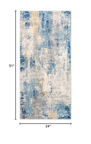 Lahome Modern Abstract Laundry Rug Runner, 2x4.3 Washable Throw Carpet Runner for Entryway, Soft Non-Slip Indoor Mat Runner Rug for Kitchen Master Bedroom Living Room Seat Door, Blue/Yellow/Ivory