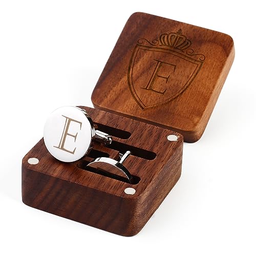 Image of Mens Initial Silver Cufflinks A-Z Alphabet Letter Steel Cuff Links with Engraved Walnut Wood Box Groom Groomsman Wedding Set