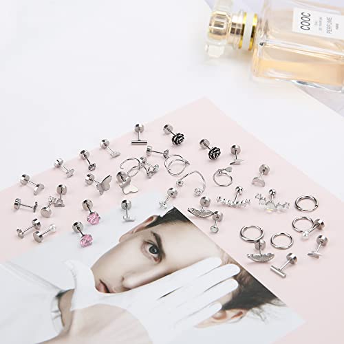 Staligue 21 Pairs Surgical Steel Flat Back Earrings Set for Women Men Hypoallergenic 20G Stainless Steel Stud and Hoops Earrings for Sensitive Ears Small Cz Heart Star Moon Opal Cartilage Earrings