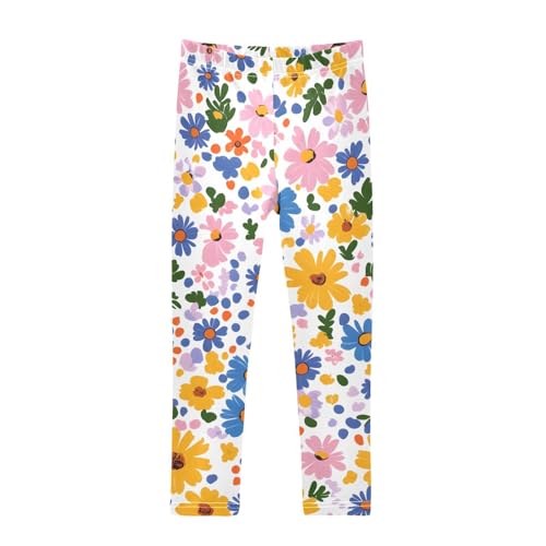 Colorful Spring Floral Girls Leggings Ultra Soft Compression Yoga Gym Pants for Kids 4-10T