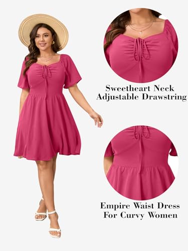 Image of RWJ Women Plus Size Summer Dress Short Sleeve Tie Front Sweetheart Neck Casual Mini Wedding Guest Dresses 2025