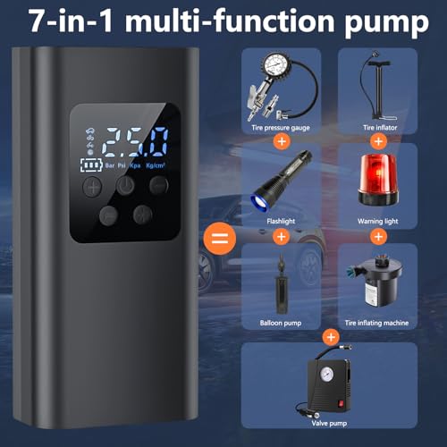 Image of Portable Electric Air Compressor, 150 PSI Tire Inflator with Digital Display, 6000mAh Battery, LED Light, Type-C Charging, and 4 Nozzle Attachments for Car, Motorcycle, Bicycle, Ball, and Inflatables