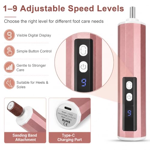Soin des Pieds Rechargeable, Râpe électrique pour les pieds à 9 vitesses, 2 têtes interchangeables, rotation réversible, batterie 1800 mAh USB-C, disques abrasifs, rose doré – vue 6