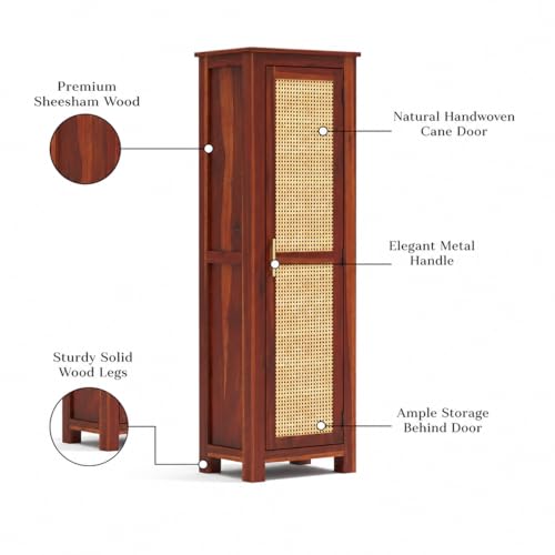 Image of PS DECOR Solid Sheesham Wood Kitchen Pantry Cabinet with Cane Rattan Door | Modern Wooden Storage Cabinet for Kitchen, Dining Room & Home Organization | Tall Utility Cupboard (Honey Finish)