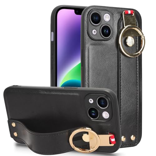 LMFULM® Coque pour Apple iPhone 14 Plus (6,7 Pouces) PU Cover Lanière Poignet Étui de Protection PC Dur Housse Arrière Rigide Case avec Décapsuleur et...