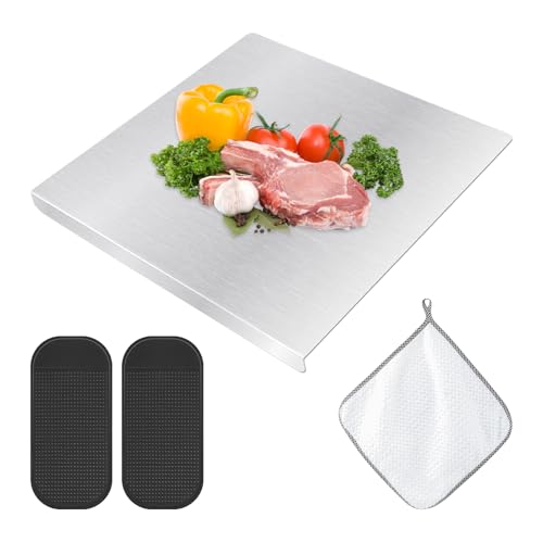 Stainless Steel Cutting Boards with Counter Lip for Kitchen, Metal Chopping Board over Sink with for Countertop Cutting Meat,Fruits,Vegetables, with Silicone Mat and Rag(SIZE:30x30cm/12x12inch)
