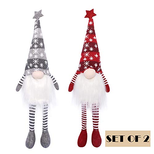 EDLDECCO Christmas Gnome with Light Timer 27 Inches Set of 2 Knitted Hat Nisse Figurine Plush Swedish Nordic Tomte Scandinavian Elf X'Mas Holiday Party Home Decor Ornaments (Red & Grey)