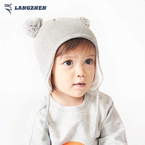 LANGZHEN Cute Pom Pom Babys Winter Hat Infant Earflap Knit Warm Cap for Boys Girls Toddler Kids Fleece Lined Beanie3