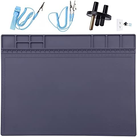 Anti-Static Mat ESD Safe for Electronic Includes ESD Wristband and Grounding Wire , HPFIX Silicone Soldering Repair Mat 932°F Heat Resistant for iPhone iPad iMac, Laptop, Computer, 15.9” x 12” Grey