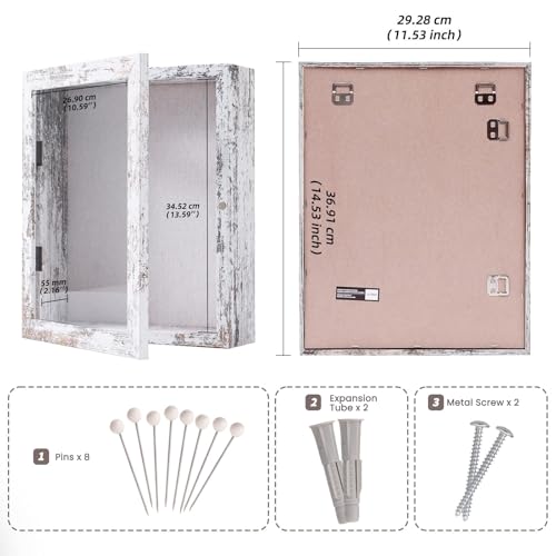 Image of Muzilife 11x14 Shadow Box Picture Frame - 2.16 inch Interior Deep Wood & Glass Rectangle Display Case Ready to Hang Memory Box Baby Sports Memorabilia, Pins, Awards, Tickets, and Photos, Rustic White
