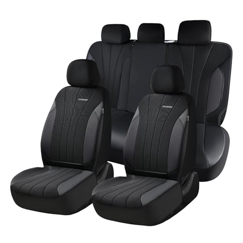Image of Coverado Car Seat Covers Full Set, Automotive Seat Covers 5-piece, Leather Car Protectors 5 Seats, Black Auto Seat Covers Spill-Proof Design Universal Fit for SUV, Vans, Sedan, Truck