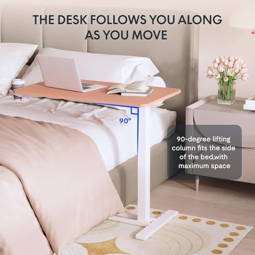 Image of FLEXISPOT H7 Adjustable Overbed Bedside Table with Wheels Pneumatic Mobile Standing Desk Laptop Desk Rolling Computer Cart Movable Overbed Table Hospital Home Use(27.6 inch W x 15.7 inch D, Pink)